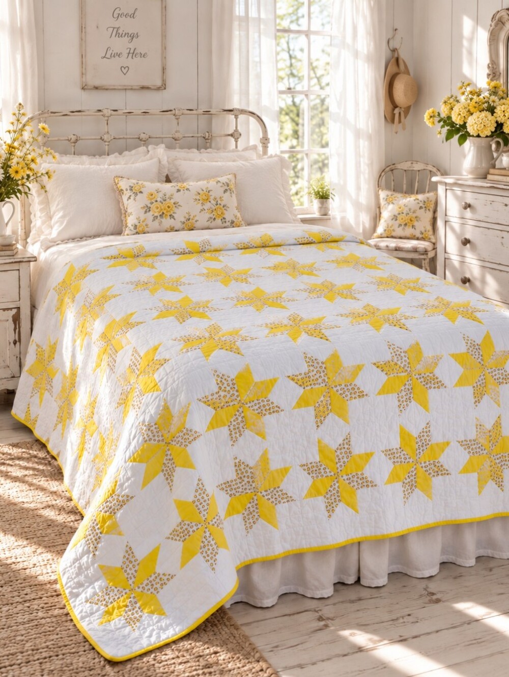 Vintage Handmade Pinwheel Floral Quilt 78" x 100" Boho Shabby Chic Yellow